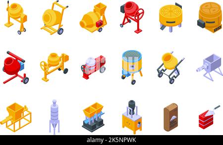 Cement mixer icons set isometric vector. Concrete material. Worker mix Stock Vector