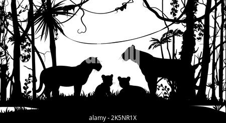 Lions family with cubs. Predator Wild animals. Silhouette figures. Jungle rainforest. Overgrown with trees and grass. Isolated on white background Stock Vector