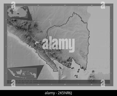 Lampung, province of Indonesia. Grayscale elevation map with lakes and rivers. Corner auxiliary location maps Stock Photo