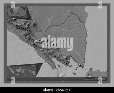 Lampung, province of Indonesia. Bilevel elevation map with lakes and rivers. Locations and names of major cities of the region. Corner auxiliary locat Stock Photo