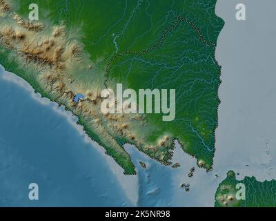 Lampung, province of Indonesia. Colored elevation map with lakes and rivers Stock Photo