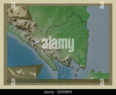 Lampung, province of Indonesia. Elevation map colored in wiki style with lakes and rivers. Corner auxiliary location maps Stock Photo