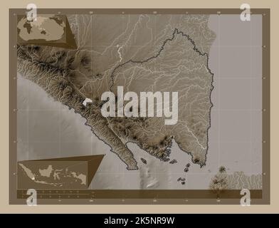Lampung, province of Indonesia. Elevation map colored in sepia tones with lakes and rivers. Corner auxiliary location maps Stock Photo