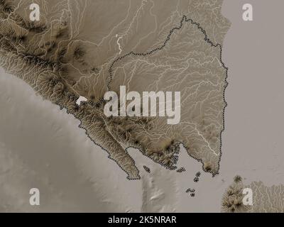 Lampung, province of Indonesia. Elevation map colored in sepia tones with lakes and rivers Stock Photo