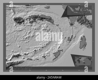 Maluku, province of Indonesia. Bilevel elevation map with lakes and rivers. Corner auxiliary location maps Stock Photo