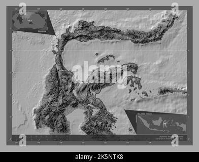 Sulawesi Tengah, province of Indonesia. Bilevel elevation map with lakes and rivers. Locations and names of major cities of the region. Corner auxilia Stock Photo