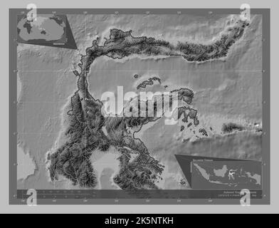 Sulawesi Tengah, province of Indonesia. Grayscale elevation map with lakes and rivers. Locations and names of major cities of the region. Corner auxil Stock Photo