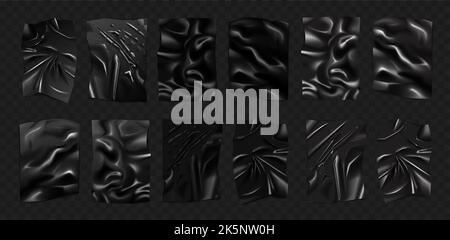 Black plastic set with wrinkles and creases on surface vector illustration. 3d realistic blank latex wrapping wrinkled paper sheet glued on wall, elastic crumpled material on transparent background Stock Vector