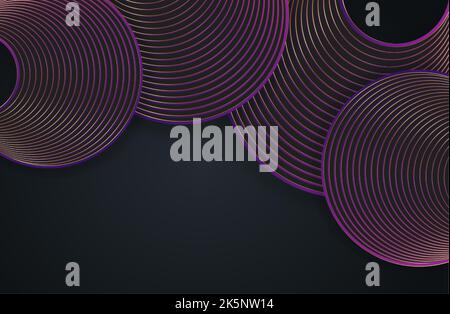 Abstract Fashion gold and purple circles, curved round lines on black background with lighting effect and sparkle with copy space for text. Luxury Stock Vector