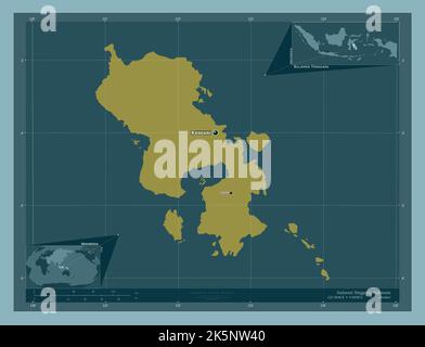 Sulawesi Tenggara, province of Indonesia. Solid color shape. Locations and names of major cities of the region. Corner auxiliary location maps Stock Photo