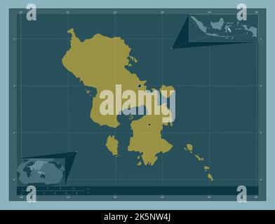 Sulawesi Tenggara, province of Indonesia. Solid color shape. Locations of major cities of the region. Corner auxiliary location maps Stock Photo