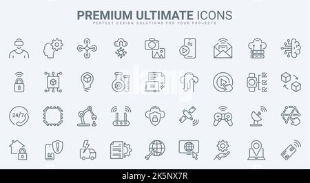 Digital technology for future innovation thin line icons set vector illustration. Outline modern machines and futuristic science symbols, AI and virtual reality glasses for user, automation software Stock Vector