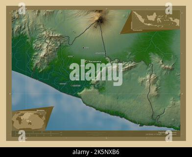 Yogyakarta, special region of Indonesia. Colored elevation map with lakes and rivers. Locations and names of major cities of the region. Corner auxili Stock Photo