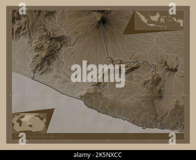 Yogyakarta, special region of Indonesia. Elevation map colored in sepia tones with lakes and rivers. Corner auxiliary location maps Stock Photo