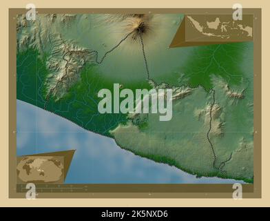 Yogyakarta, special region of Indonesia. Colored elevation map with lakes and rivers. Corner auxiliary location maps Stock Photo