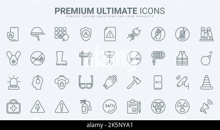 Safety, accident and risk for health thin line icons set vector illustration. Outline life protection and care symbols, emergency service in danger disasters, safe insurance shield and support Stock Vector