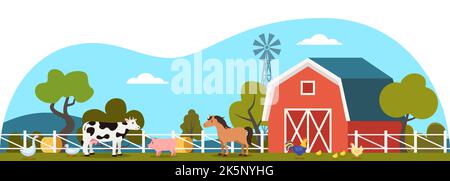Rural farm landscape with barn and farm animals. Cow, horse, pig, chicken, duck. Vector illustration Stock Vector