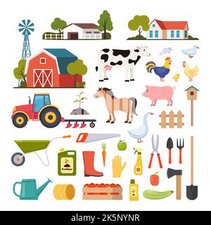 Different farm elements. Farm buildings, domestic animals, transport, inventory, harvest. Set of scenes and elements on farm theme. Vector illustratio Stock Vector