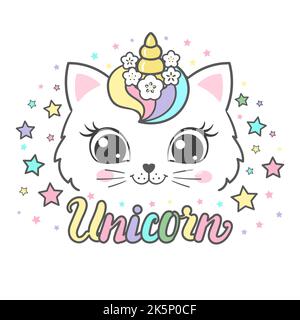 Cat unicorn with rainbow mane. Unicorn text. Vector Stock Vector