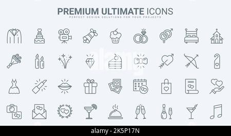 Wedding thin line icons set vector illustration. Outline love, passion and hearts symbols of marriage, rings with diamond gift, wedding cake and champagne, dress of bride and groom, bouquet decoration Stock Vector