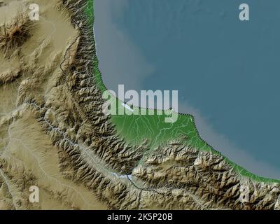 Gilan, province of Iran. Colored elevation map with lakes and rivers ...