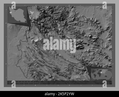 Kermanshah, province of Iran. Bilevel elevation map with lakes and rivers. Corner auxiliary location maps Stock Photo