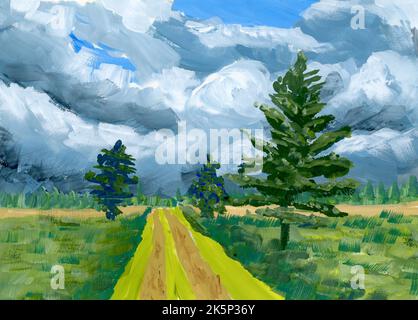 Painting in gouache of a trail or road running through rural farmland. Stock Photo
