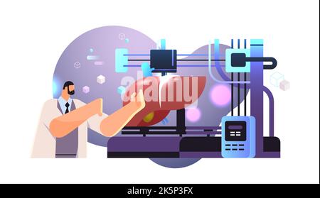 researcher prints liver model on 3d bio printer medical printing of human transplantation organ biological engineering bioprinting Stock Vector