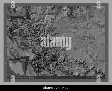 Kordestan, province of Iran. Bilevel elevation map with lakes and rivers. Locations and names of major cities of the region. Corner auxiliary location Stock Photo