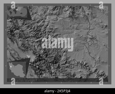 Kordestan, province of Iran. Bilevel elevation map with lakes and rivers. Locations of major cities of the region. Corner auxiliary location maps Stock Photo