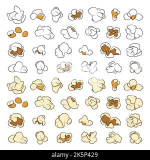 Set of color illustrations with popcorn grains. Isolated vector objects on a white background. Stock Vector