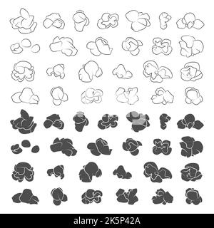Set of black and white illustrations with popcorn grains. Isolated vector objects on a white background. Stock Vector