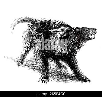 Mythical three-headed cerberus dog. Black and white expressive illustration made with a feather. Stock Photo