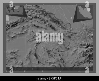 Razavi Khorasan, province of Iran. Bilevel elevation map with lakes and rivers. Corner auxiliary location maps Stock Photo