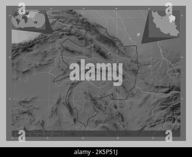 Razavi Khorasan, province of Iran. Grayscale elevation map with lakes and rivers. Corner auxiliary location maps Stock Photo