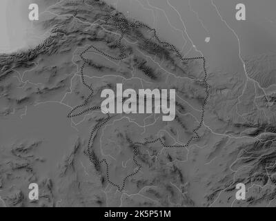 Razavi Khorasan, province of Iran. Grayscale elevation map with lakes and rivers Stock Photo