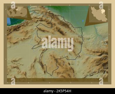 Razavi Khorasan, province of Iran. Colored elevation map with lakes and rivers. Corner auxiliary location maps Stock Photo