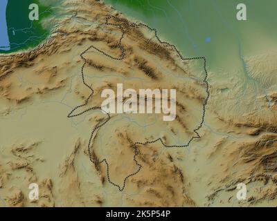 Razavi Khorasan, province of Iran. Colored elevation map with lakes and rivers Stock Photo