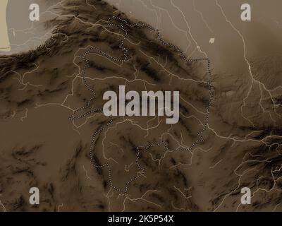 Razavi Khorasan, province of Iran. Elevation map colored in sepia tones with lakes and rivers Stock Photo