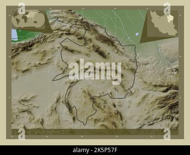 Razavi Khorasan, province of Iran. Elevation map colored in wiki style with lakes and rivers. Corner auxiliary location maps Stock Photo