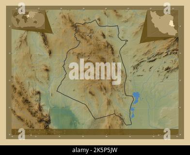 South Khorasan, province of Iran. Colored elevation map with lakes and rivers. Locations of major cities of the region. Corner auxiliary location maps Stock Photo