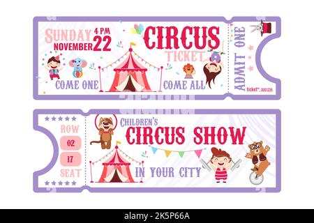 Circus ticket pass template with animal artists, strongman, acrobat and juggler. Entrance coupons with tent and carnival arena in amusement park for performing show. Invitation cards on festival event Stock Vector
