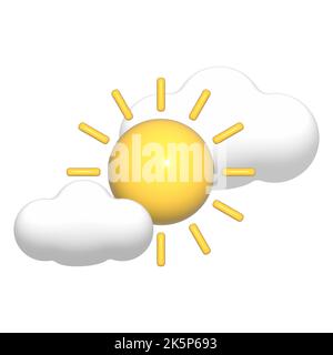 3D sun and clouds white icon. 3d weather element isolated on a white background. Climate concept - soft cotton cartoon fluffy cloud. Render plastic sh Stock Photo