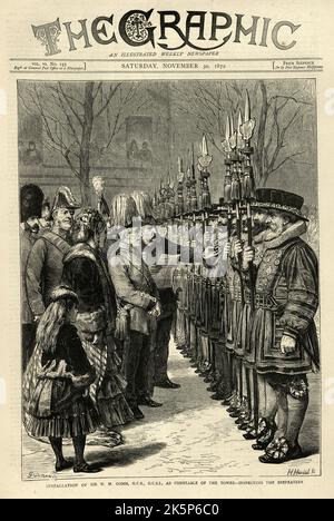 Vintage illustration of the constable of the Tower of London, inspecting the beefeaters, 1870s, 19th Century Stock Photo