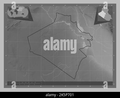 Al-Anbar, province of Iraq. Grayscale elevation map with lakes and rivers. Corner auxiliary location maps Stock Photo