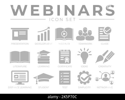 Webinar Icon Set. Presentation, Development, Webinars, Networking, Teamwork, Guide, Literature, Learning, Certificate, Ideas, Creativity, Distance Lea Stock Vector