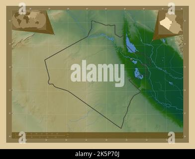 Al-Anbar, province of Iraq. Colored elevation map with lakes and rivers. Corner auxiliary location maps Stock Photo