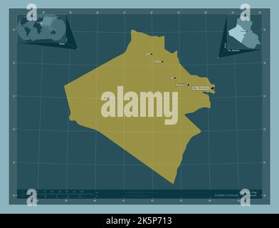 Al-Anbar, province of Iraq. Solid color shape. Locations and names of major cities of the region. Corner auxiliary location maps Stock Photo