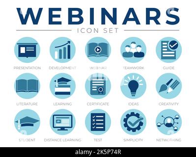 Round Webinar Icon Set. Presentation, Development, Webinars, Networking, Teamwork, Guide, Literature, Learning, Certificate, Ideas, Creativity, Distan Stock Vector
