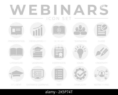 Light Gray Webinar Icon Set. Presentation, Development, Webinars, Networking, Teamwork, Guide, Literature, Learning, Certificate, Ideas, Creativity, D Stock Vector